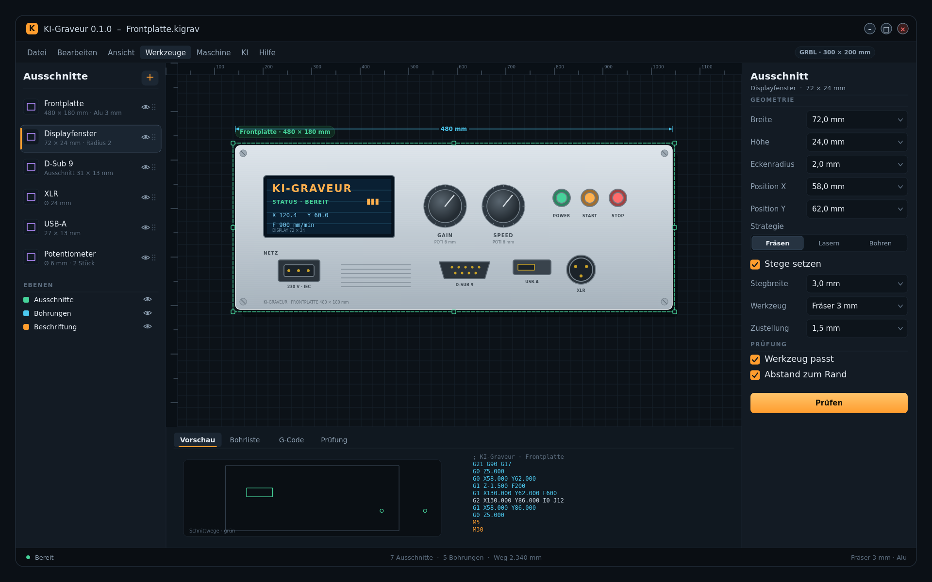 Frontplatten-Entwurf mit Display, Potentiometern, D-Sub, USB und XLR