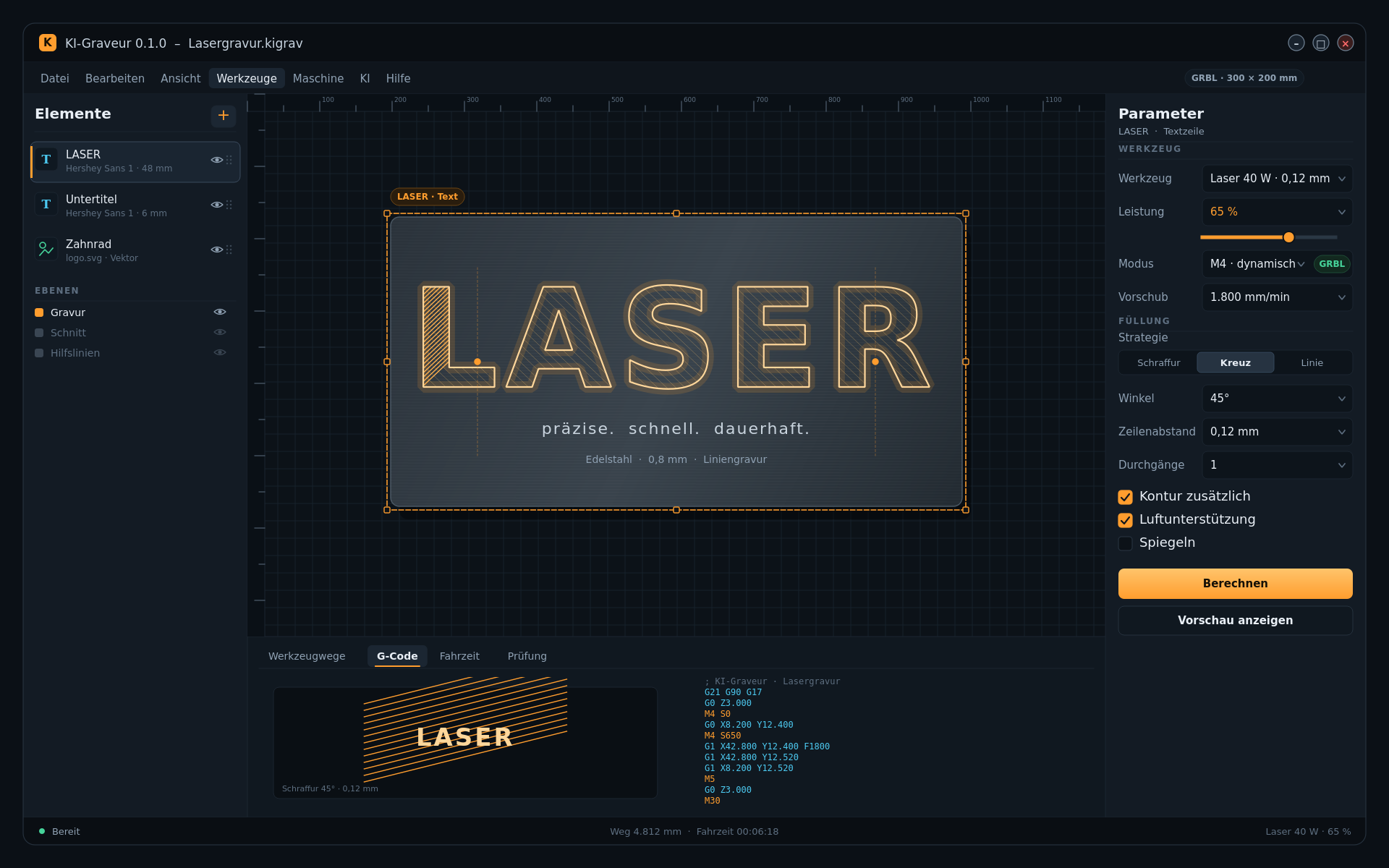 Laser-Entwurf mit schraffierter Gravur, Leistungsregler und M4-G-Code