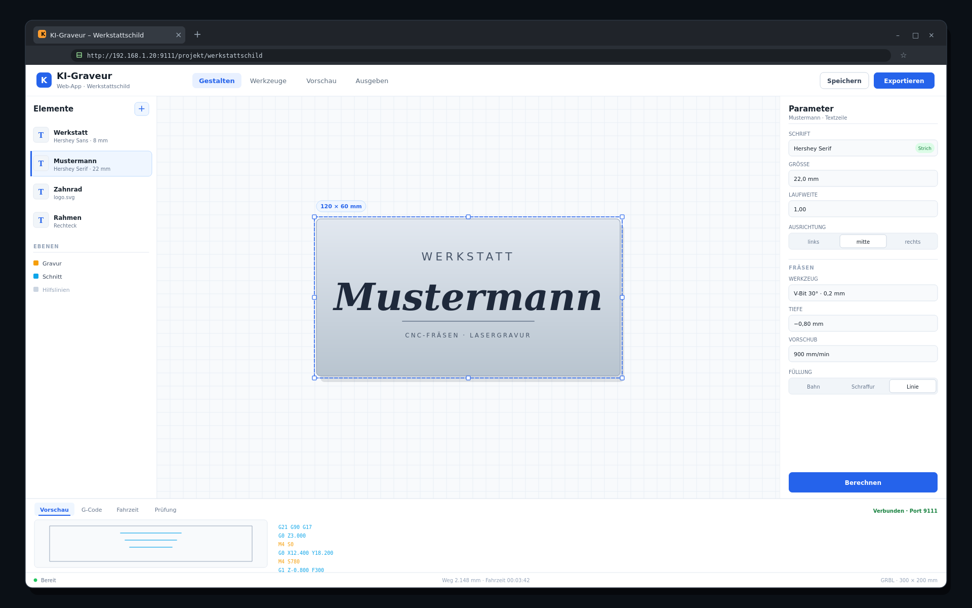 Web-App-Entwurf im Browser mit Elementeliste, SVG-Leinwand und Parameterformular